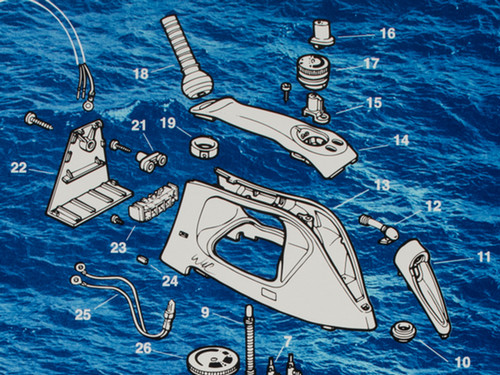 一张电熨斗的示意图印在蓝色波浪的背景上，所有的零件都被拆了出来，并编号了。