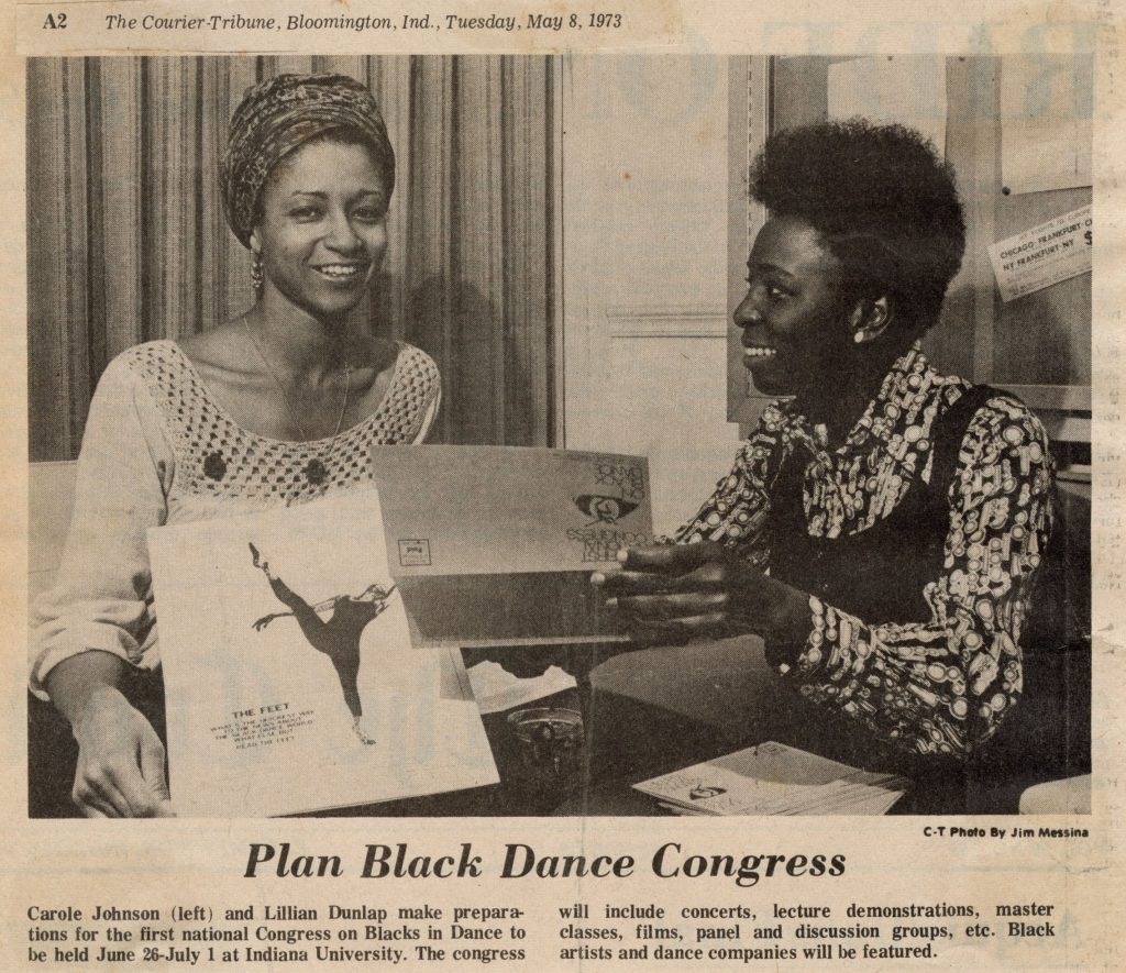 新闻剪报的信使报》发表在5月8日,1973名为“计划国会黑人舞蹈。”Includes a photo of Carole Y. Johnson, a light-skinned Black woman sitting at a table wearing a head wrap, smiling and holding up a registration form. Seated next to her is Lillian Dunlap, a dark-skinned Black woman with a short afro, smiling and looking at Carole Johnson holding a registration form for their event.