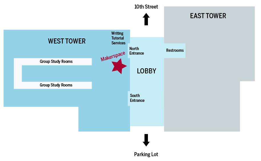 图书馆西塔一层创客空间位置的地图。