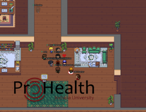 十一徘徊在一个共享的虚拟空间。ProHealth标志是可见的在屏幕的底部,和虚拟空间看起来像一个办公室设置木质地板和书架。