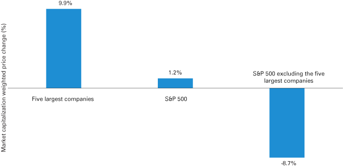 列图表显示了市值加权价格变化五大公司上涨了9.9%,1.2%,标普500指数总体为-8.7%,标准普尔500指数没有5大公司。