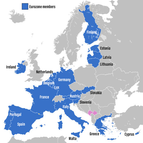 地图在欧元区国家。维基百科的来源。