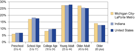 图1:由年龄组的人口比例在密歇根City-LaPorte, 2007