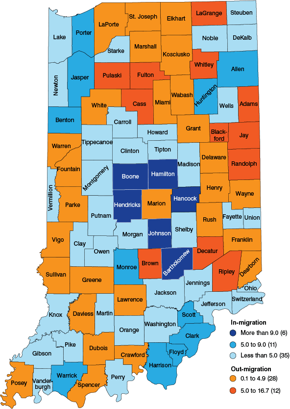 印第安纳州地图:迁入:6县=超过9;11个县= 5到9;35个县=小于5。外迁:28个县=小于5;12个县= 5或更多。