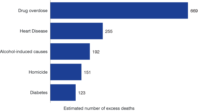 条形图显示估计数量过剩的吸毒过量死亡,心脏病,杀人,饮酒导致的原因和糖尿病。